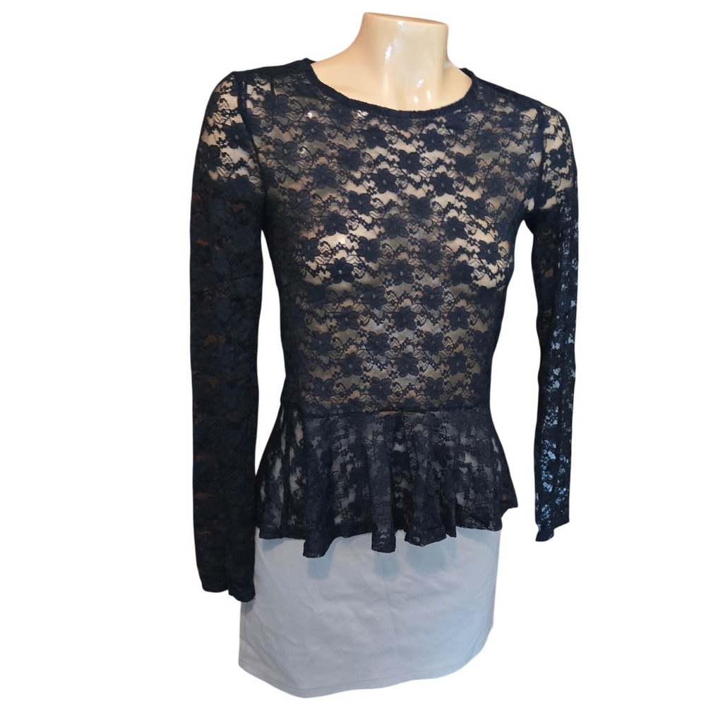 H&M Divided Womens Top Black Size‎ 8 Floral Lace Peplum Sheer Zipper Back New